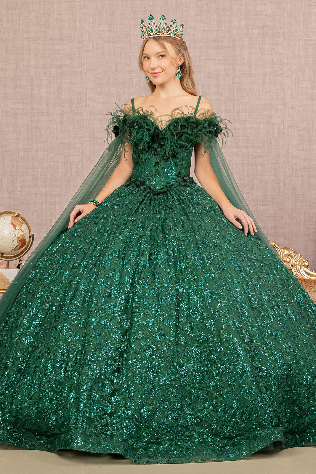Feather Sequin Lace w/ Detachable Side Mesh Layer Long Quinceanera Dress GLGL3169-0